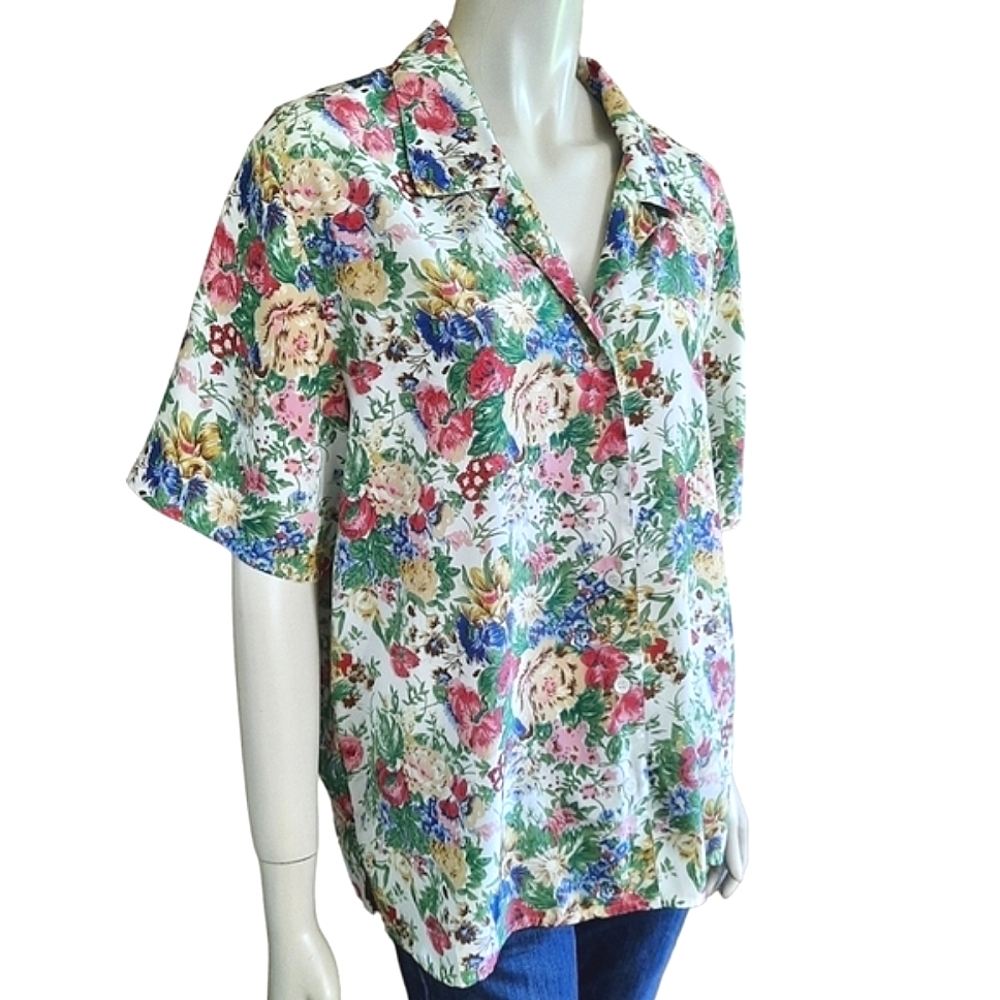 VINTAGE 80s Floral Blouse size XL Button Front Short Sleeve Grannycore - Picture 3 of 9